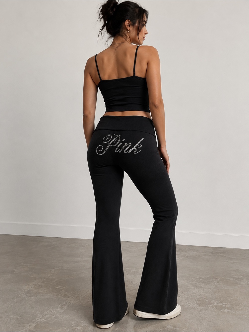 PINK Victoria's Secret Black Rhinestone Logo Flared Lounge Pants sz Large NWT